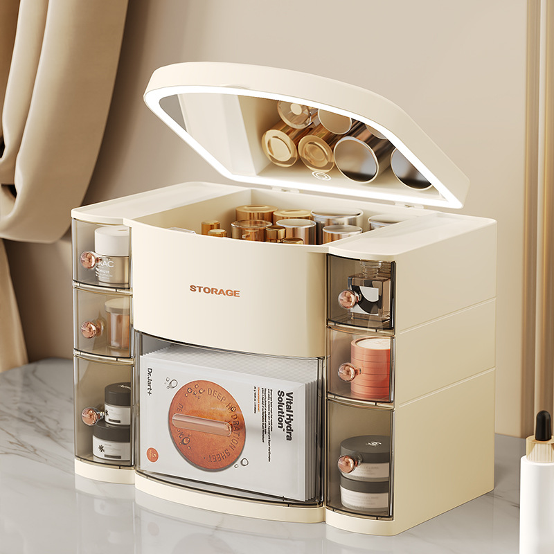 Cosmetics storage box with mirror, home dust-proof desktop, dressing table, multi-functional lipstick, eyebrow pencil, skin care products storage details Picture