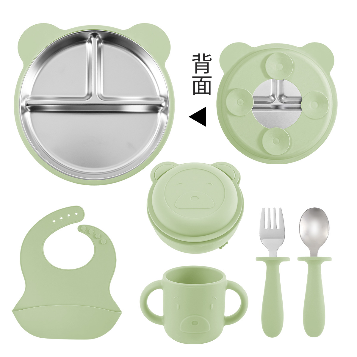 Cross-border baby plates, anti-drop 304 stainless steel compartments, silicone bowls, baby suction cup type children's tableware set full figure