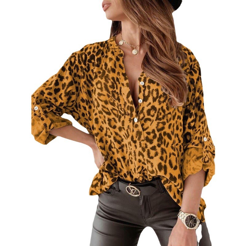 In-stock European and American cross-border trade spring and autumn printed women's shirts, long-sleeved leopard print single-breasted cardigan, loose shirts for women Item Picture