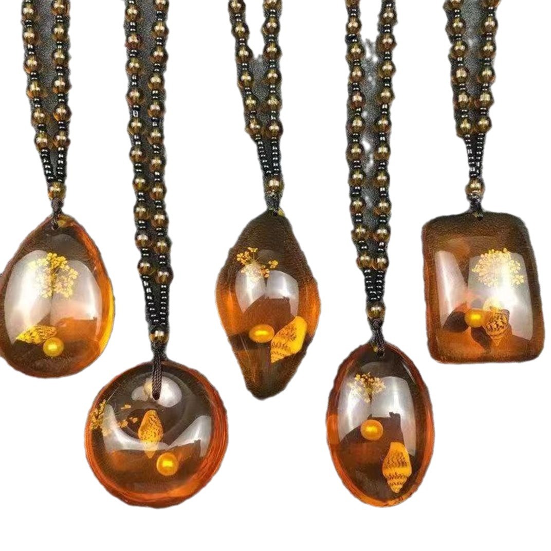 仿琥珀仿蜜蜡毛衣链镶嵌贝壳植物化石男女款时尚项链会销直播礼品