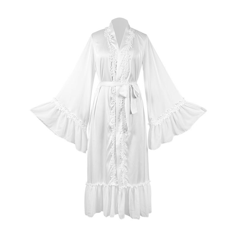 Satin water-soluble floral decorated light luxury women's bathrobe for spring and summer, French elegant style, black and white home wear, 960 Item Picture