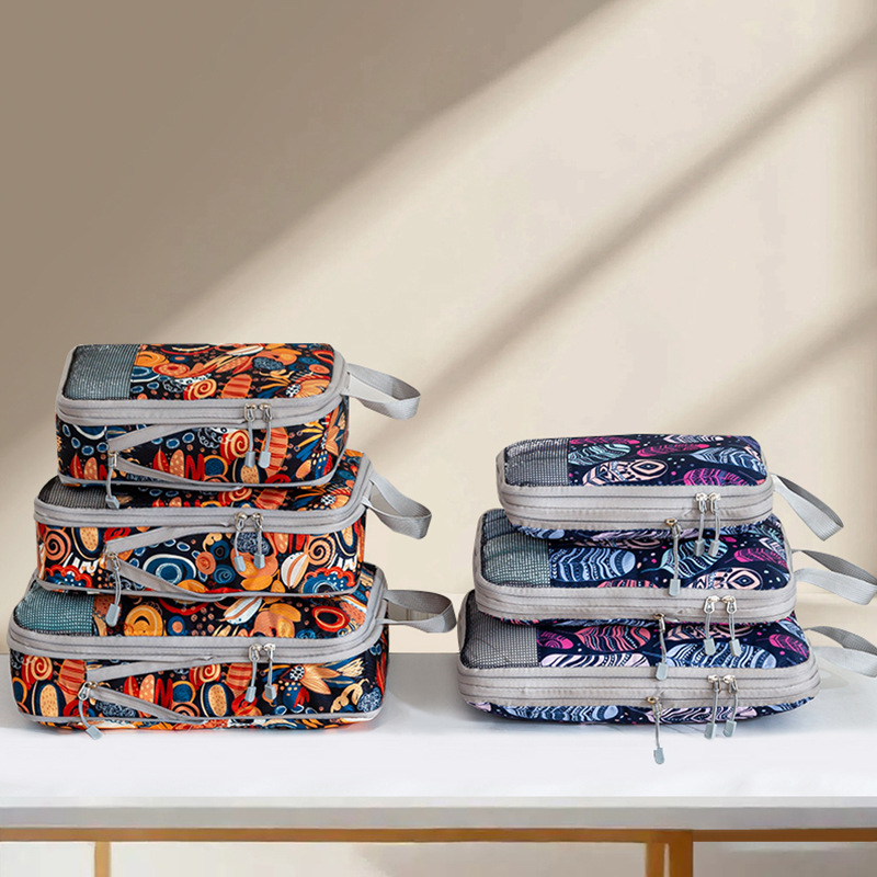 印花旅行收纳袋压缩套装数码洗漱化妆收纳包衣服鞋子行李旅行袋