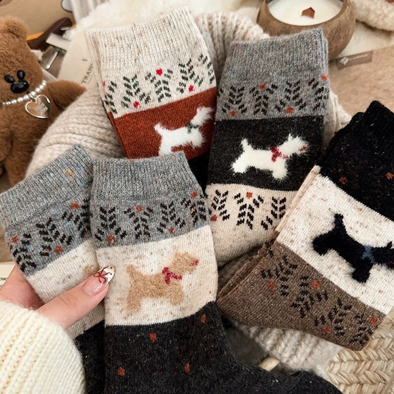 Adorable dibujos animados cachorros patchwork calcetines retro medias para mujeres otoño invierno engrosamiento caliente versátil college viento pila pila calcetines