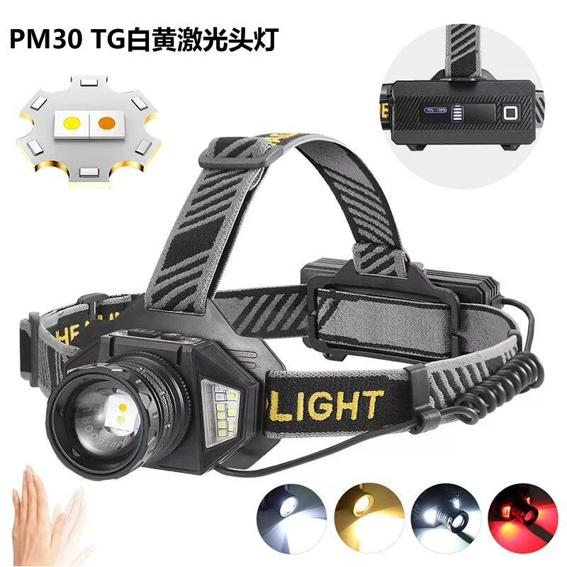 跨境爆款白激光强光感应头灯充电户外夜钓多功能变焦长续航应急灯