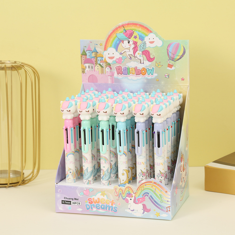 卡通可爱小马六色圆珠笔高颜值可按动手账笔学生广告签字笔批发