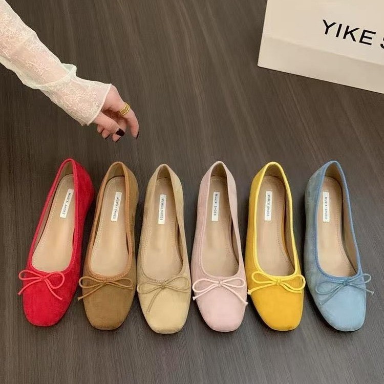 法式内增高鞋子绒面芭蕾舞单鞋女2025新款春秋季蝴蝶结红色晚晚鞋