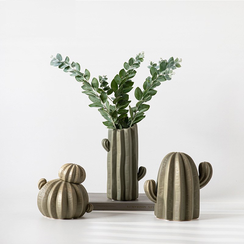 2026 Nordic-style green cactus ceramic decorative item for home living room TV cabinet, creative ceramic vase details Picture