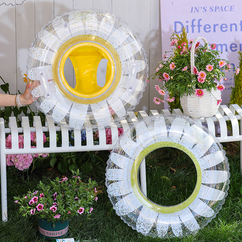 透明亮片小雏菊游泳圈把手太阳花儿童座圈宝宝海绵底裤兜圈批发