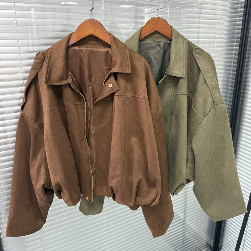 Wholesale cross-border women's clothing in stock, European and American style suede fleece jackets, fleece texture pilot jackets details Picture