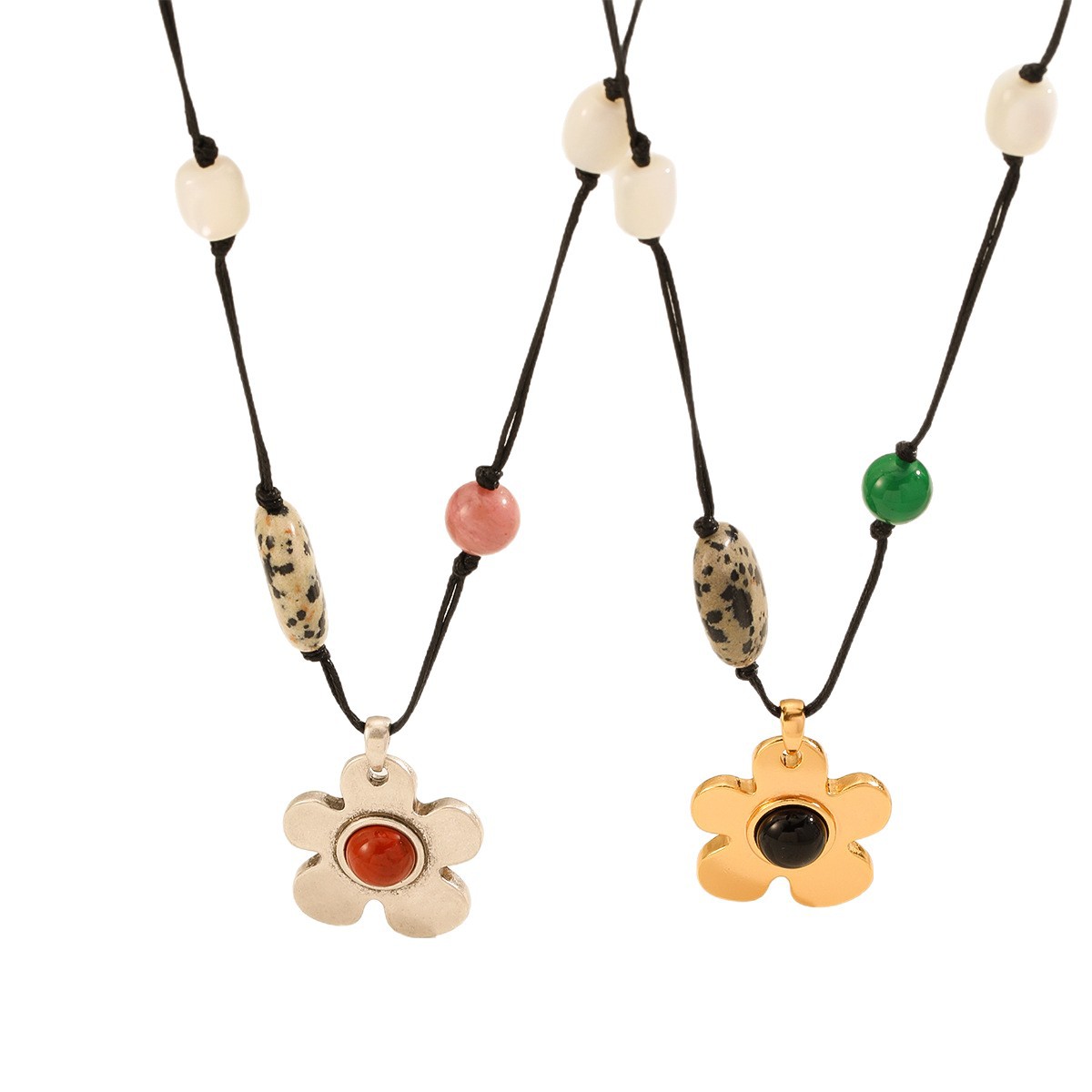 Nasha Ethnic style wax rope spotted stone flower pendant necklace design sense, niche collarbone chain, fashionable and versatile necklace Item Picture