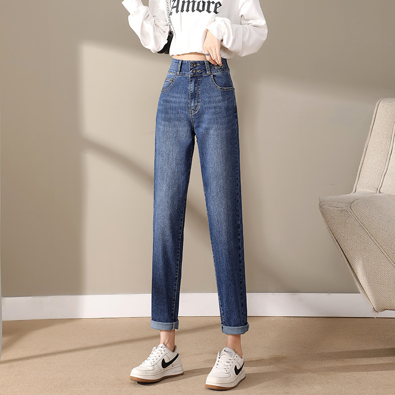 外贸定制2024年秋季爆款牛仔裤女显瘦高腰高弹力双扣百搭老爹裤