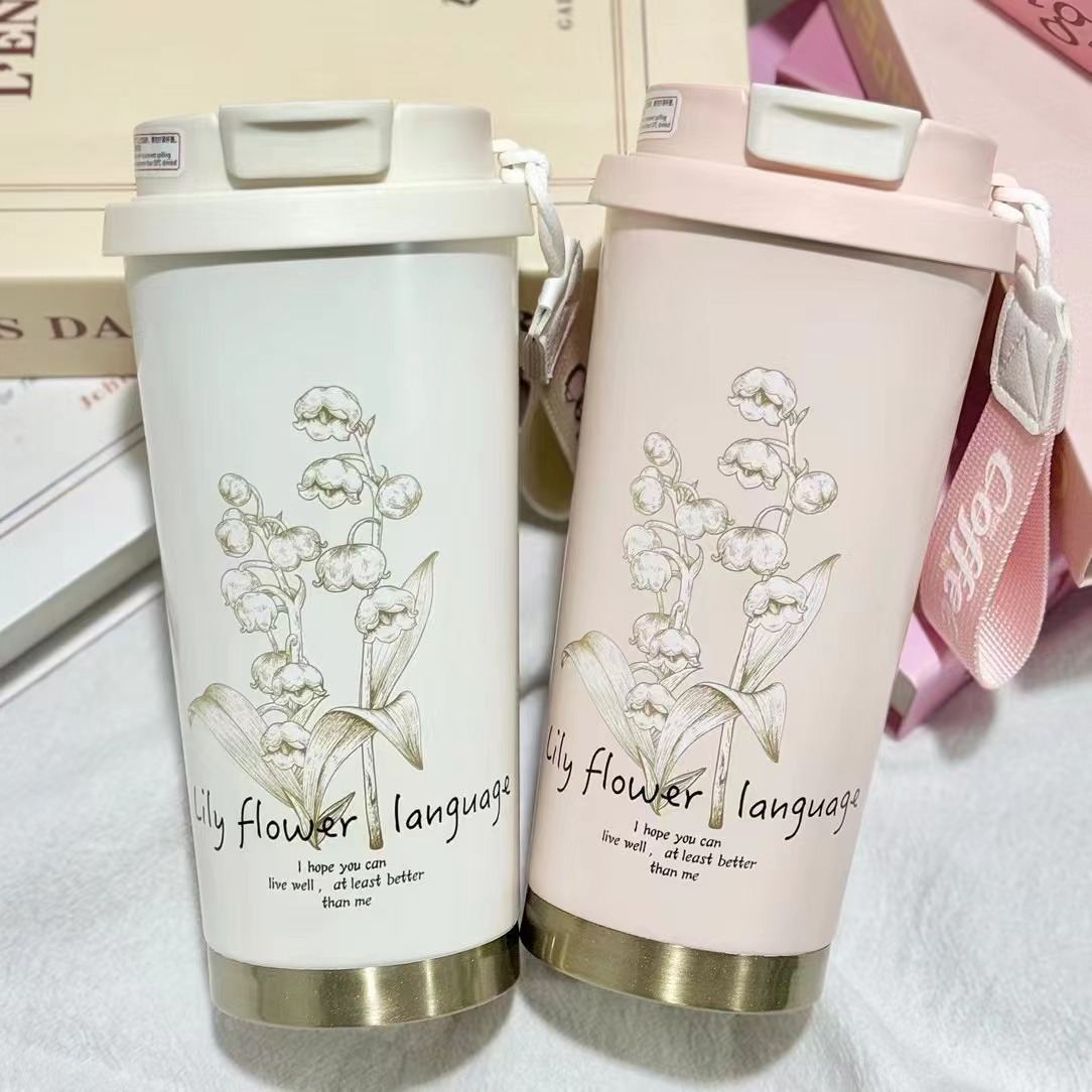 Hot-selling Lily of the valley insulated cups, 316 stainless steel coffee cups, straw cups, travel cups, gift water cups wholesale, creative Specification image