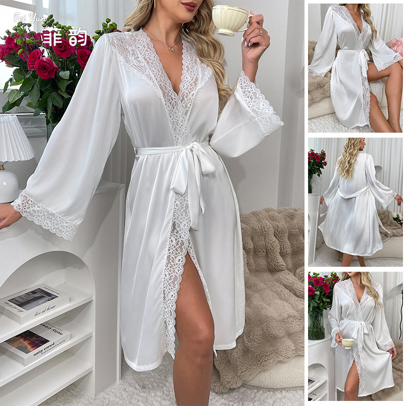 New cross-border satin pajamas for women, lace, light luxury, long-sleeved, cool bathrobes and home wear for women, 469