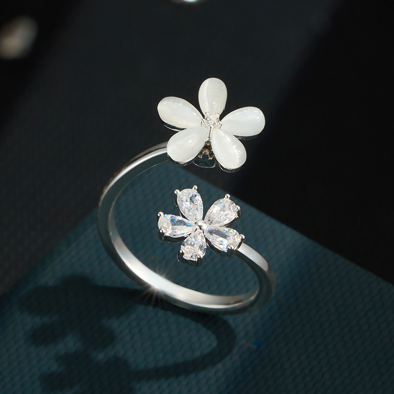 Explosivo estilo ligero extravagancia giratoria doble flor anillo abierto aleación de cobre con circonio opal ajustable anillo de dedo índice details Picture
