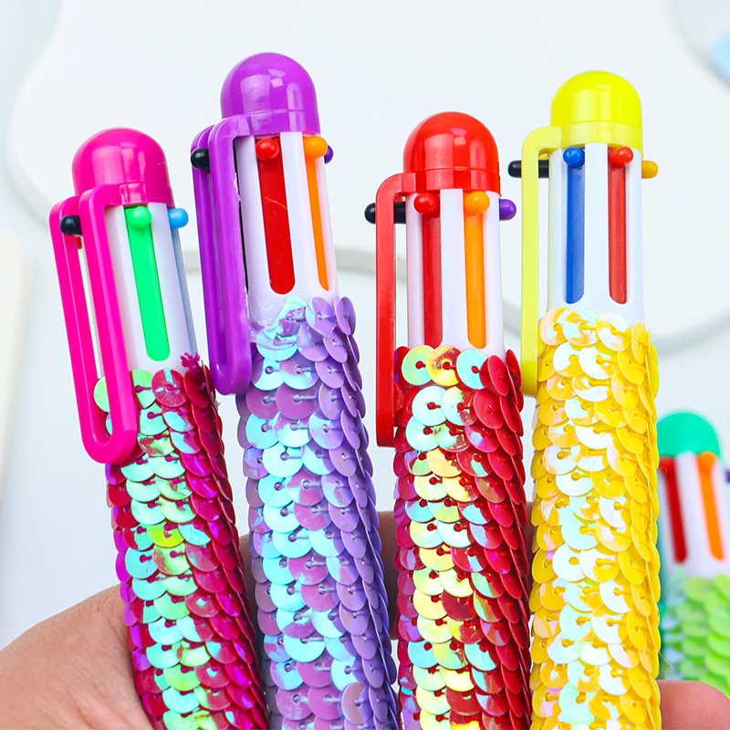 Creative fish-scale sequined six-color ballpoint pen, colored pen barrel, press multi-color pen, student highlighting key points, colored planner pen Specification drawing