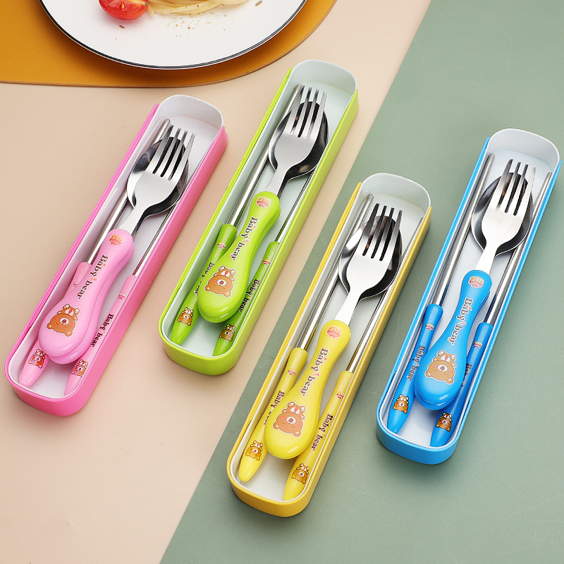 Greedy Bear Stainless Steel portable tableware, cute cartoon student, children outdoor travel spoon, fork, chopsticks and knife set Specification image