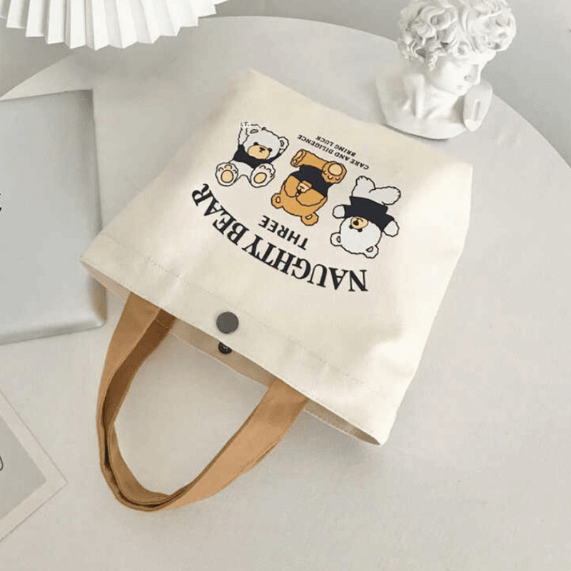 Cross-Border Bear Canvas Bag For Female Students, Portable Work Small Number, Hand-Held Bento Bag, Handbag Canvas Bag For Women, Single-Shoulder Bag, Handbag Storage Bag, Simple Handbag Canvas Bag details Picture