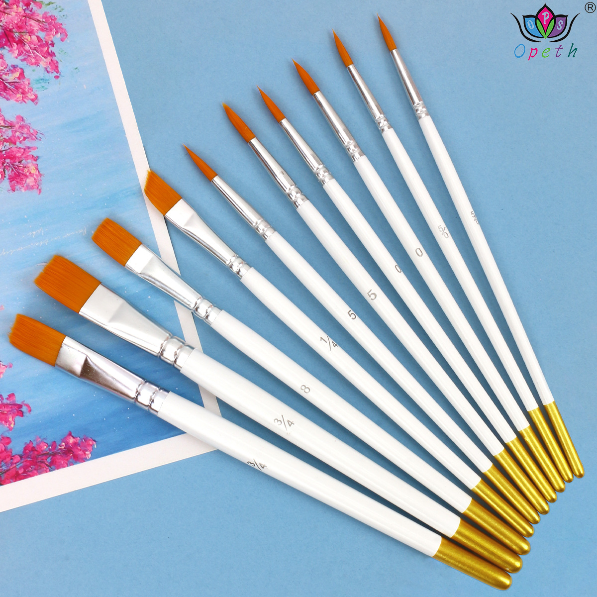 Wholesale of 10 white oil painting brushes, cross-border art painting brushes, nylon brush brushes, gouache and acrylic paint brushes details Picture