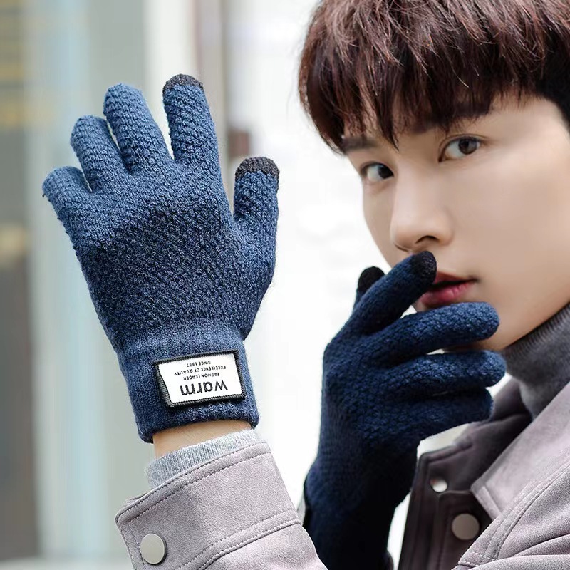 Factory wholesale knitted woolen gloves for men's winter warmth, new Korean-style thickened and fleece touch screen gloves with labels details Picture