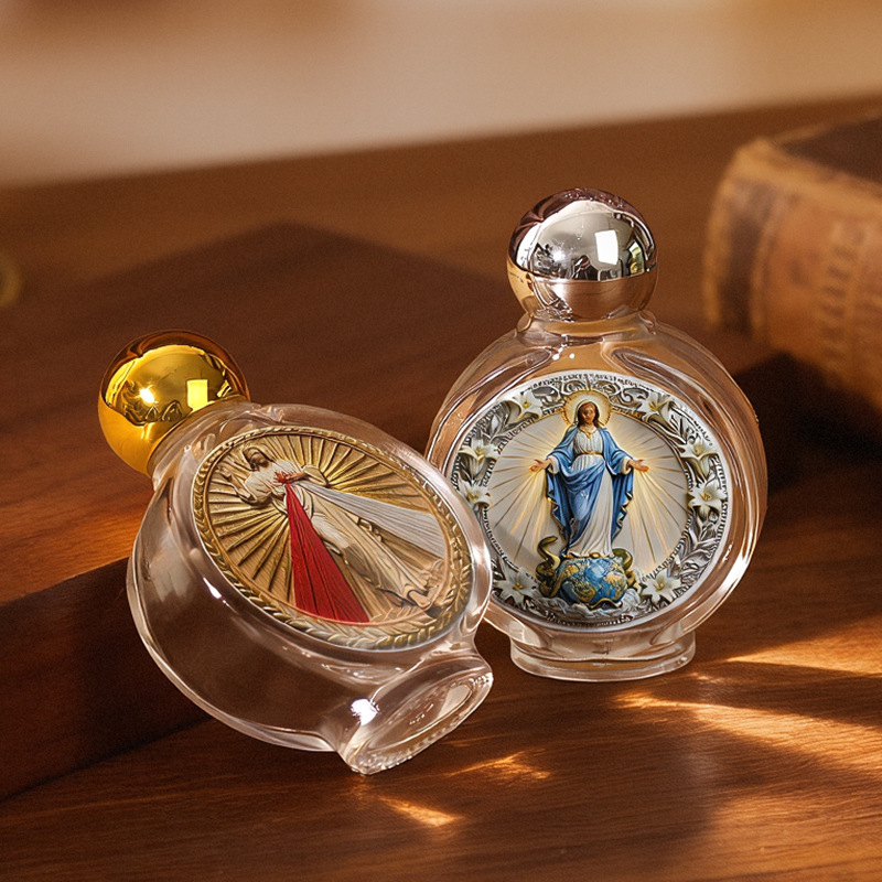 Cross-border 15ml glass HolyWaterBottle (HolyWaterBottle) Circular religious sticker baptism water bottle ornament Specification image