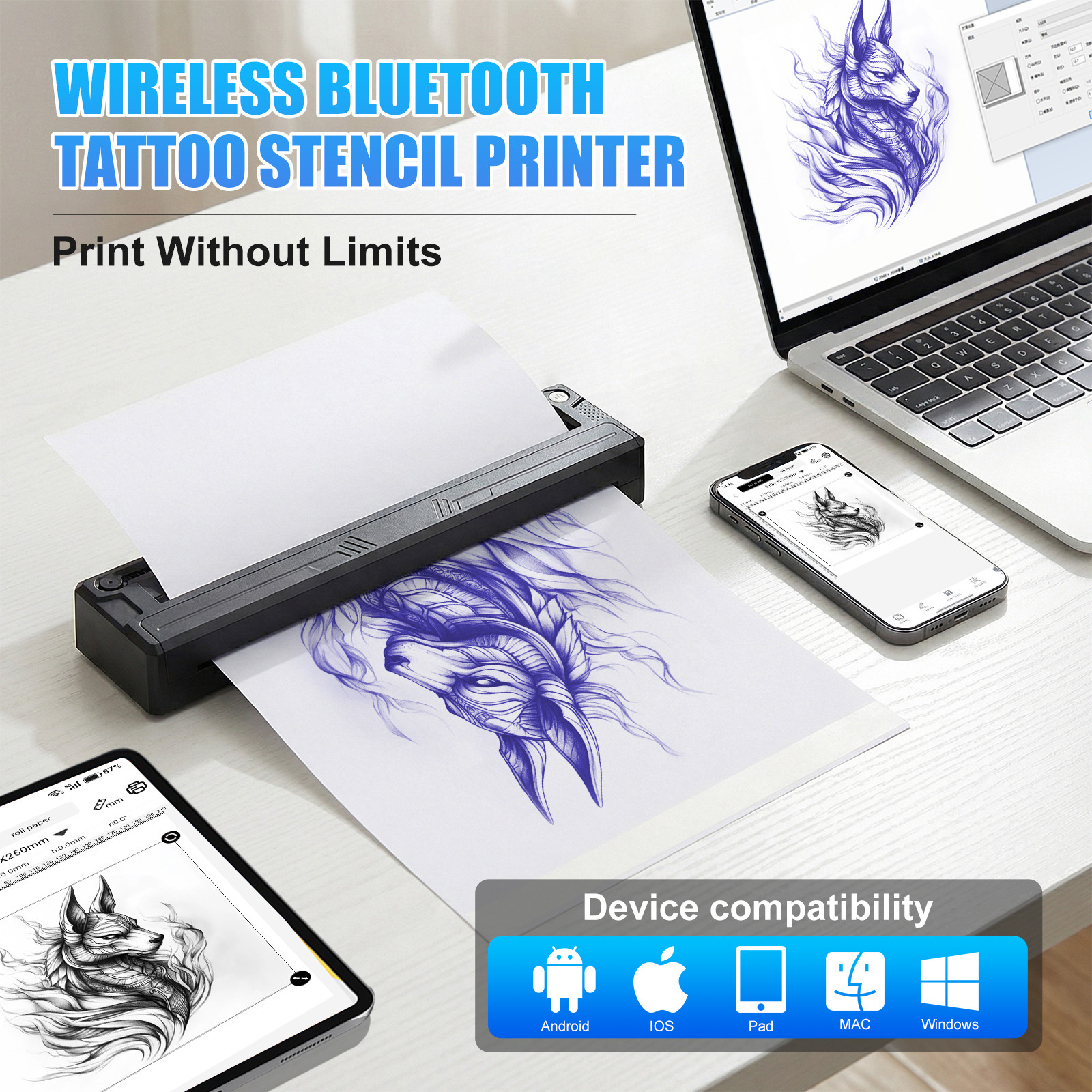 shanilak   纹身器材便携带A4纹身版无线蓝牙热敏打印机转印机