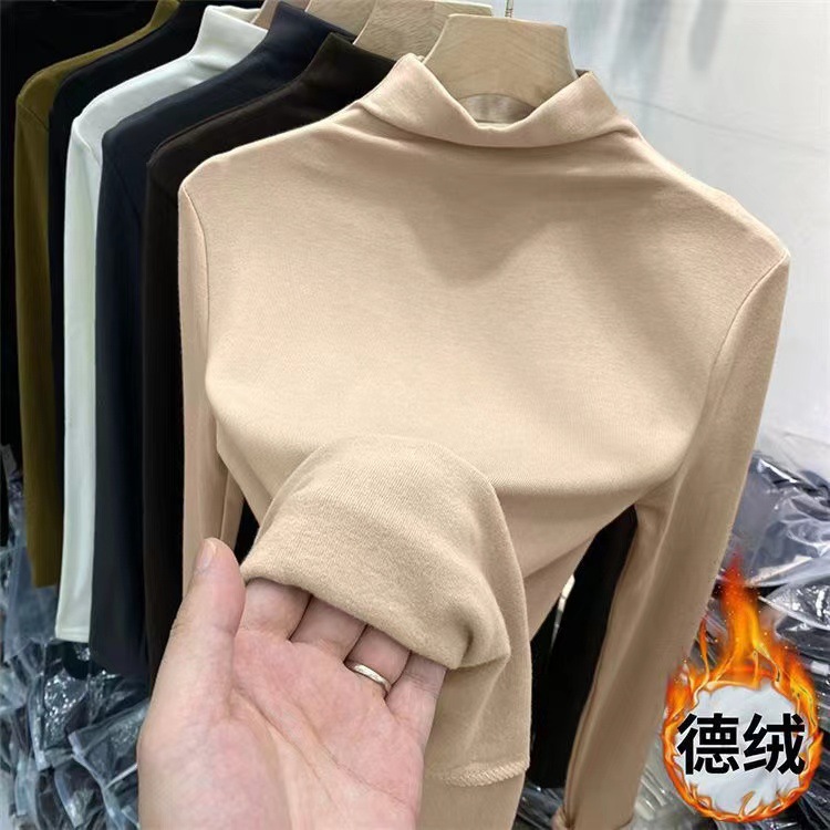 加厚双面德绒磨毛半高领修身保暖打底衫女秋冬纯色上衣长袖t恤女产品图