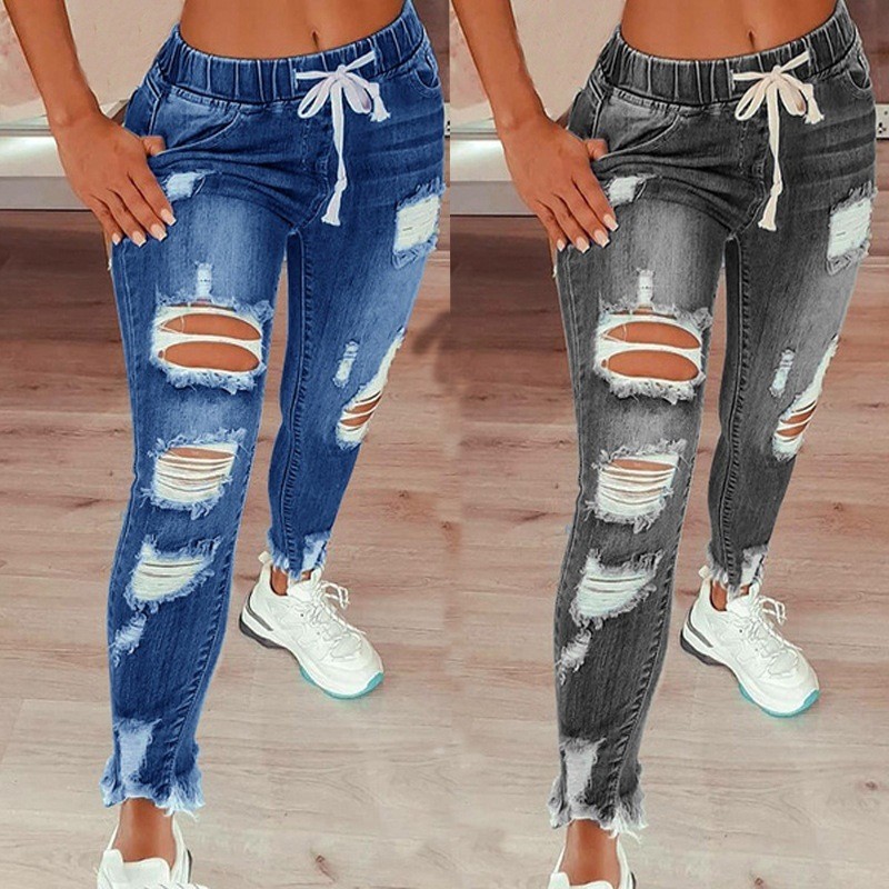 Amazon AliExpress cross-border European and American tight-waisted women's jeans, high-waisted ripped small leg lace-up long pants Application Scenario