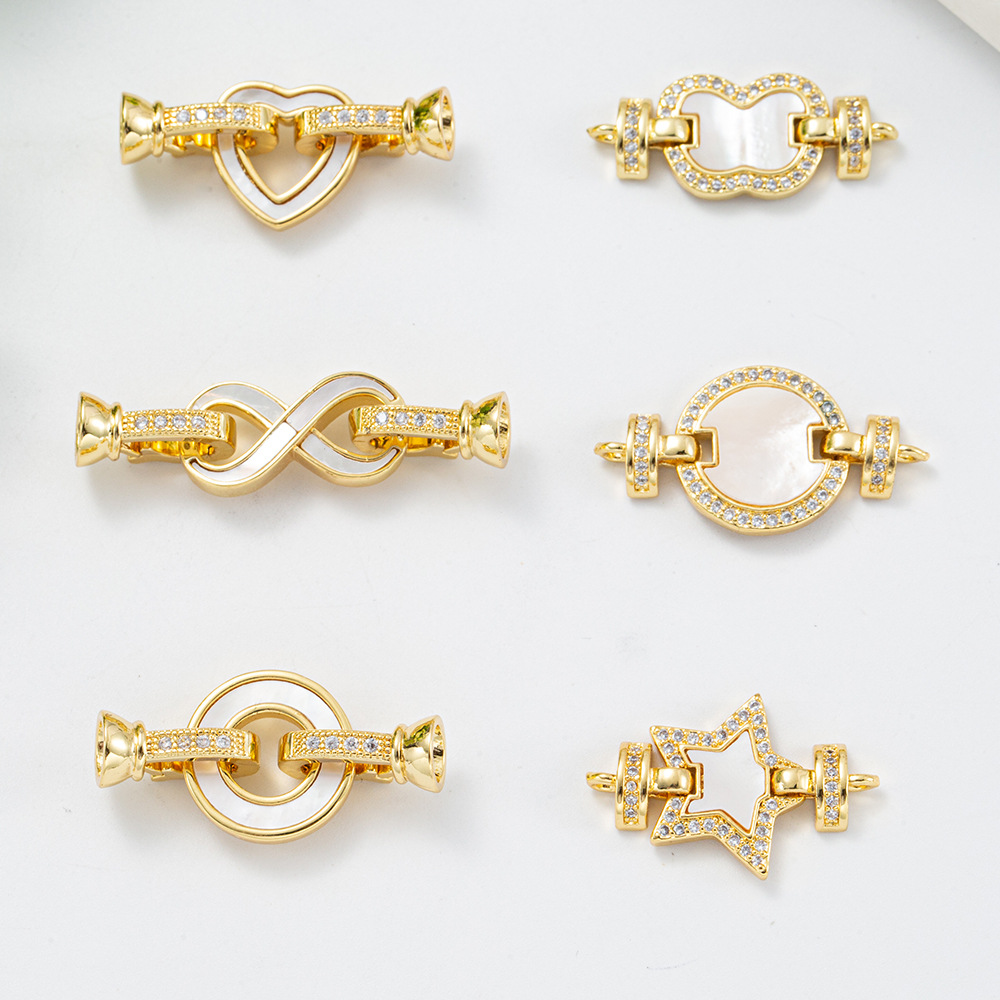 High-quality micro-inlaid zircon mother-of-pearl shell round 18k gold pearl bracelet diy necklace button end clasp details Picture