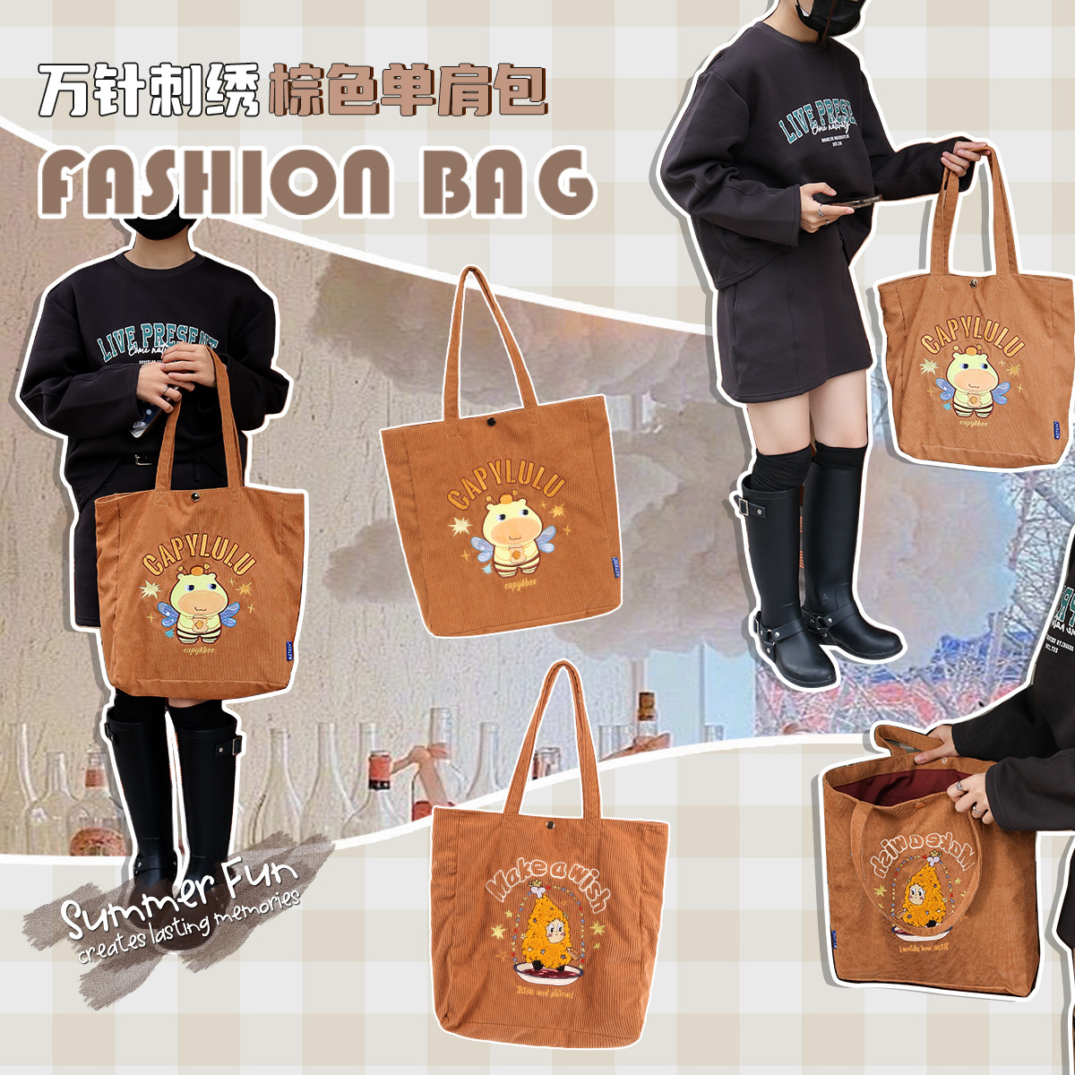 Winter versatile Japanese-style bags: women's corduroy bags, large-capacity single-shoulder bags, embroidered bags, small bags, cartoon crossbody bags details Picture