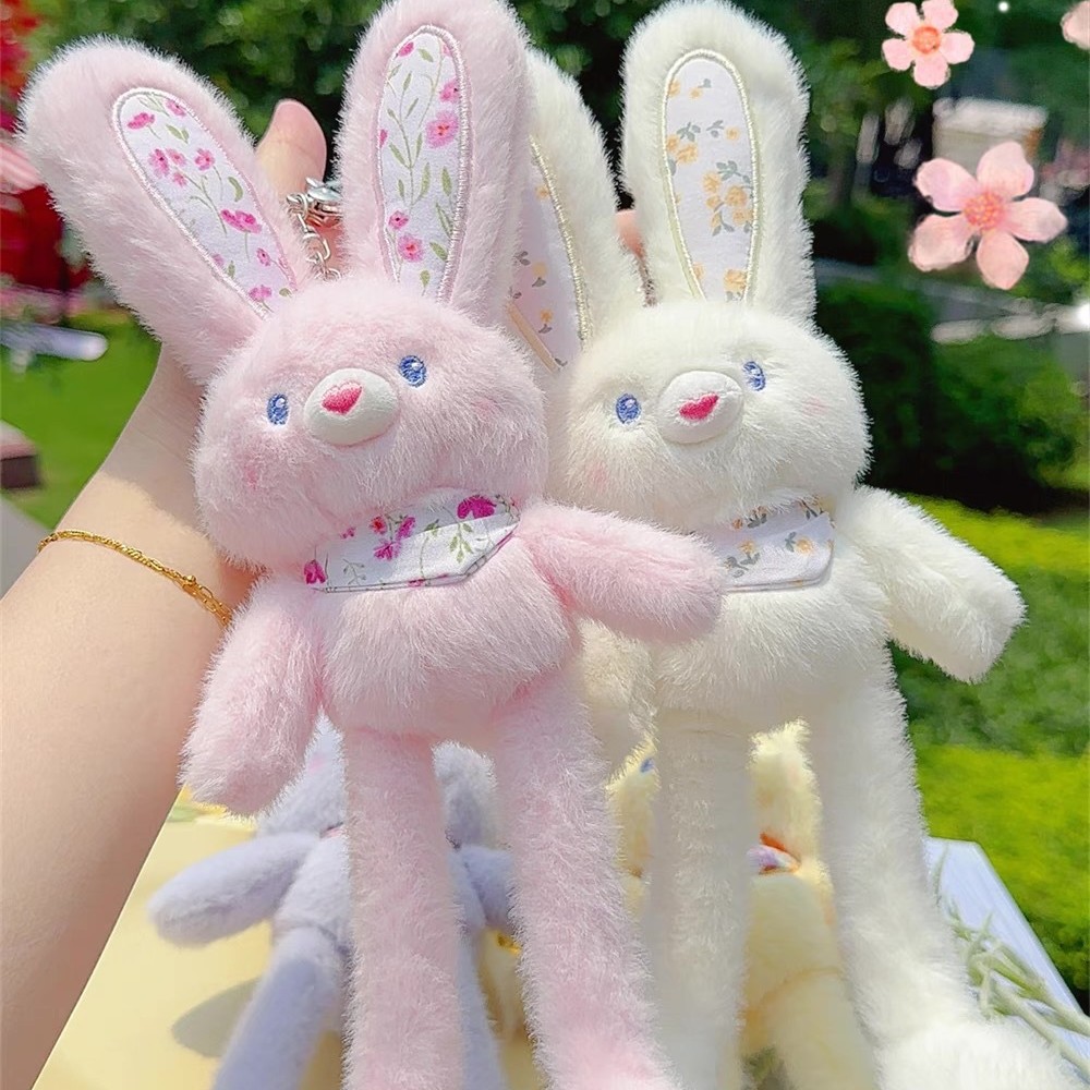 New fun floral print pull-out rabbit plush keychain, creative and stress-relieving cute schoolbag pendant, popular gift Specification image