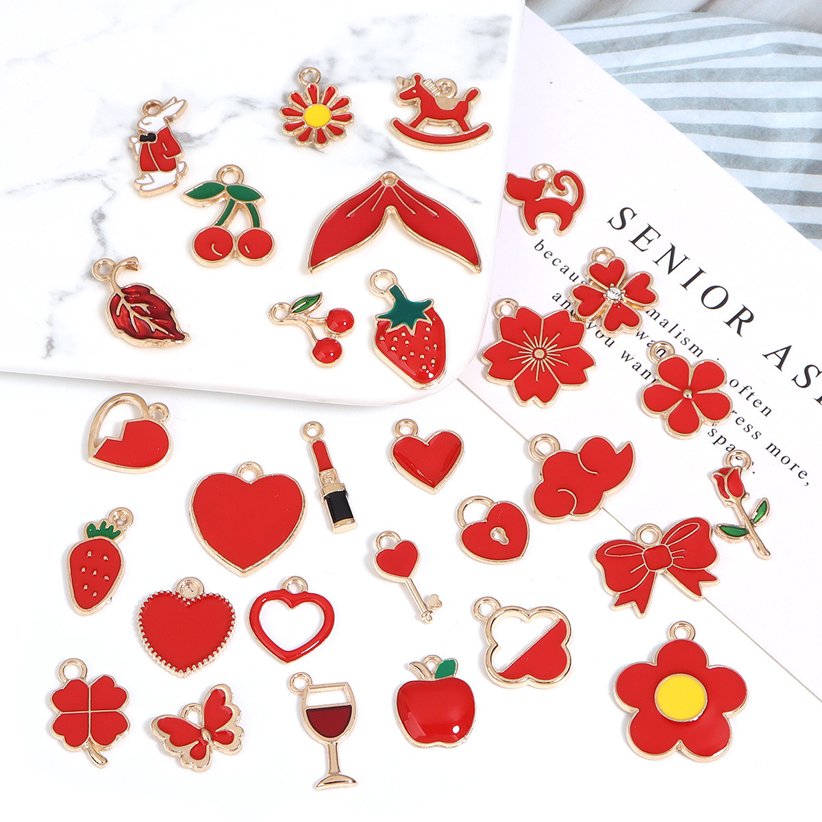 Cross-border Red series alloy oil Drip DIY jewelry accessories Cherry Bow Heart keychain earrings Pendant Item Picture