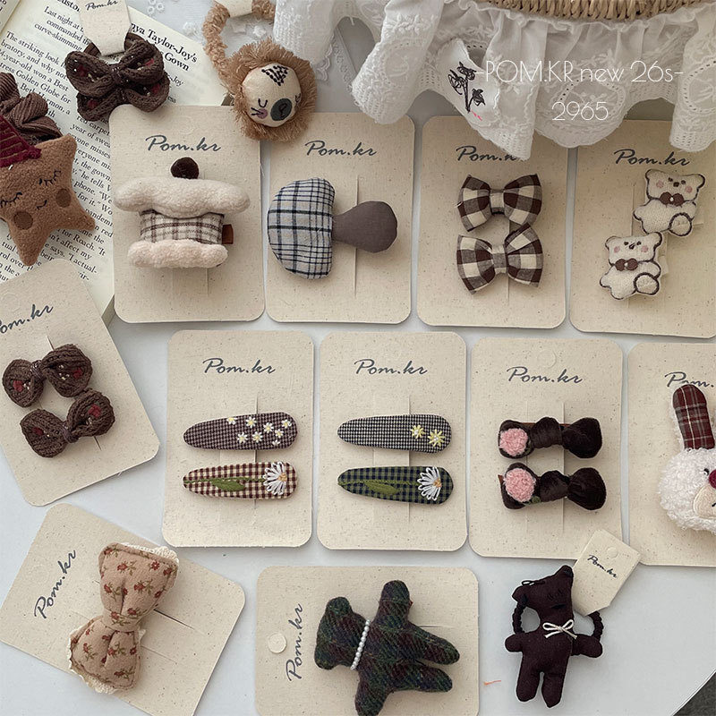 New coffee-colored autumn and winter retro fabric children's hair clips, handcrafted bangs clips, baby bear hair bands, and hair accessories for women
