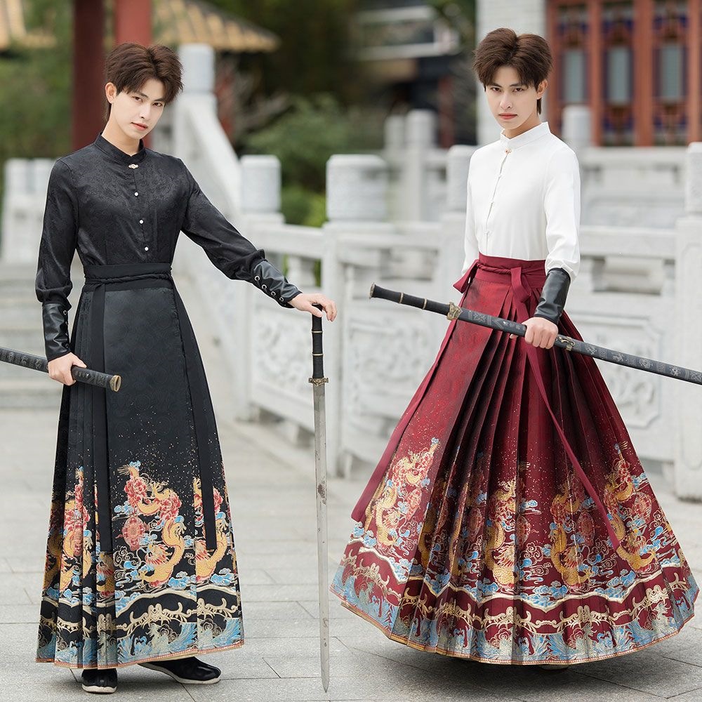 A large-sized traditional Hanfu men's adult student class uniform with a Chinese trend and ancient style, featuring a brocade horse face skirt set details Picture
