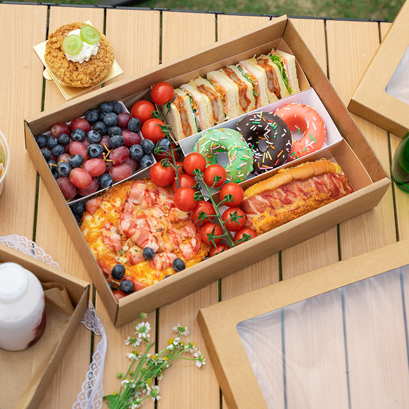 野餐盒甜品盒露营牛皮纸餐烤肉包装盒户外水果蛋糕一次性打包盒细节图
