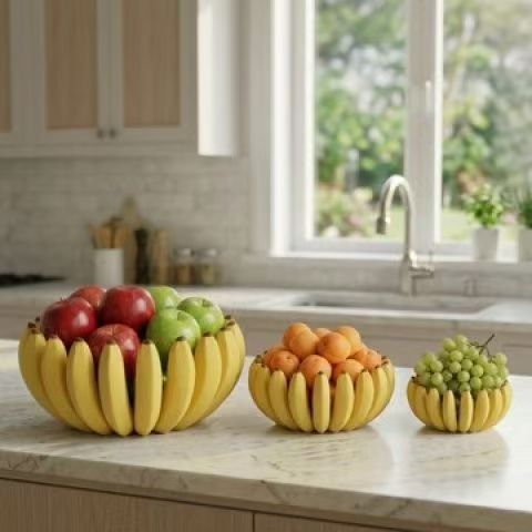 Yellow banana-shaped fruit basket, hand-held vegetable basket, storage box, bamboo storage basket, kitchen plastic basket, organizing and storage supplies
