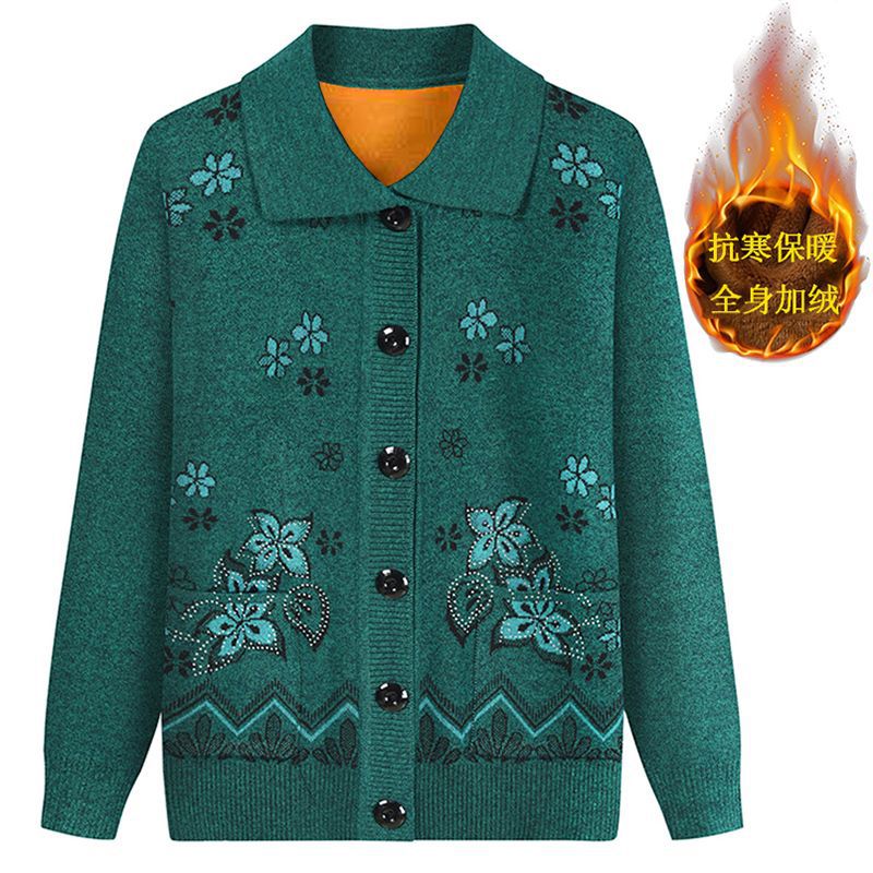 Women's clothing for the elderly, autumn and winter, fleece and thickened sweaters, warm knitted sweaters for mothers, cardigans, 60-year-old grandmothers, lapel sweaters for women Specification image