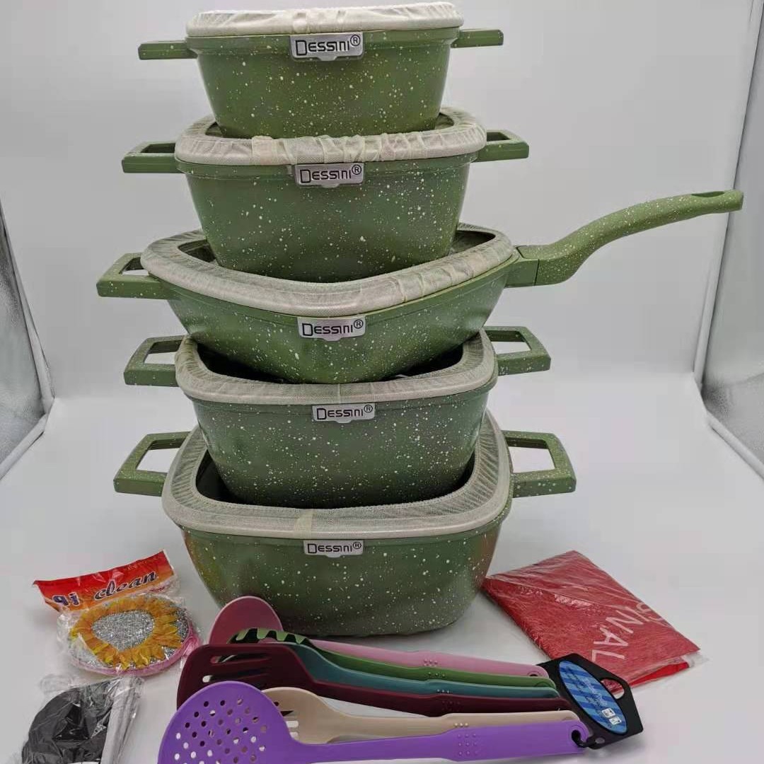 dessini25件套不粘锅方形条纹压铸铝锅麦饭石锅厨房组合锅具套装产品图