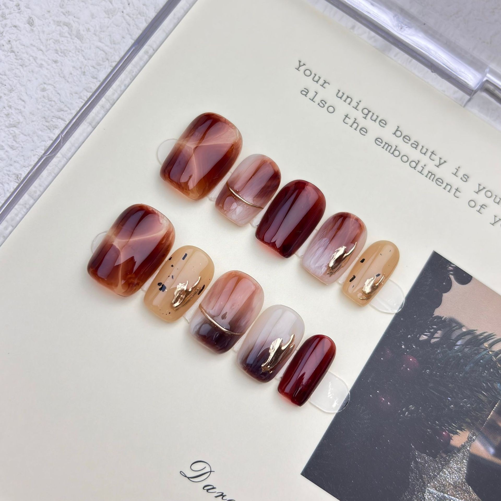 【落日】秋冬美拉德焦糖金属晕染纯手工复古高级感穿戴甲批发产品图