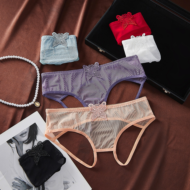 New sexy butterfly-embroidered thin-band cut-out women's underwear with mesh fabric, comfortable, pure and alluring, open-crotch fun underwear
