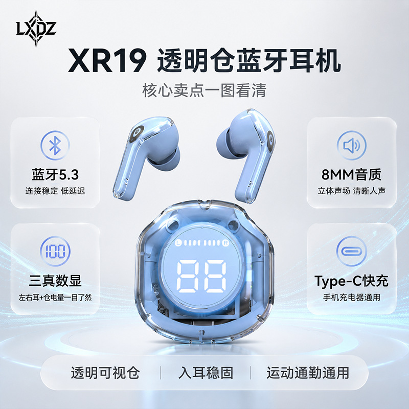 跨境新款XR20 透明数显耳机超长续航无线蓝牙运动入耳式批发