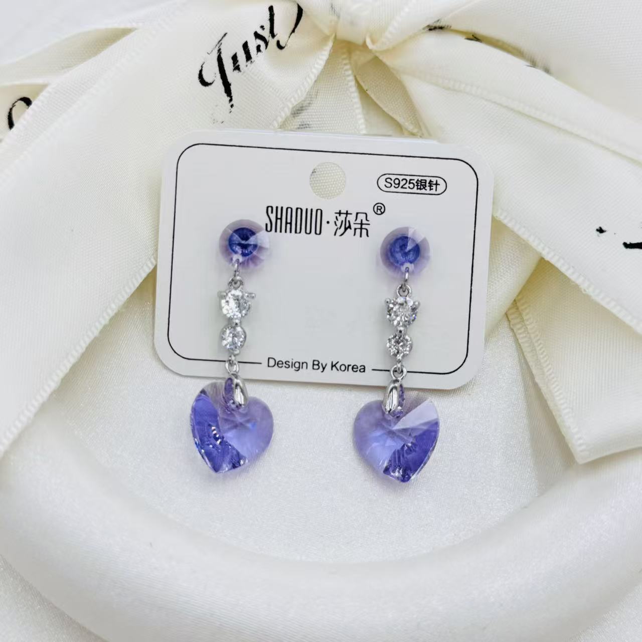 S925 Silver Needle Swarovski Crystal heart-shaped Earrings for Women, Korean style, colorful crystal long earrings, sweet earrings Specification image