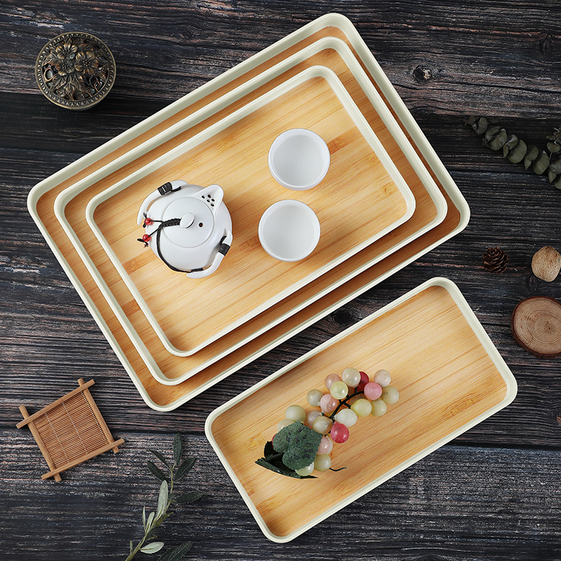 Carefully selected melamine Japanese tea tray, square ins household tea set, dinner plate, deep plate for tea cups, light luxury bamboo pattern tray details Picture
