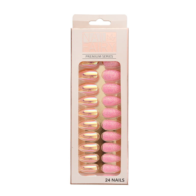 Fake nails, detachable nail art pieces, 24-piece set, finished scallion powder electroplated patches, wearable nails wholesale, ultra-thin Aurora nails Item Picture