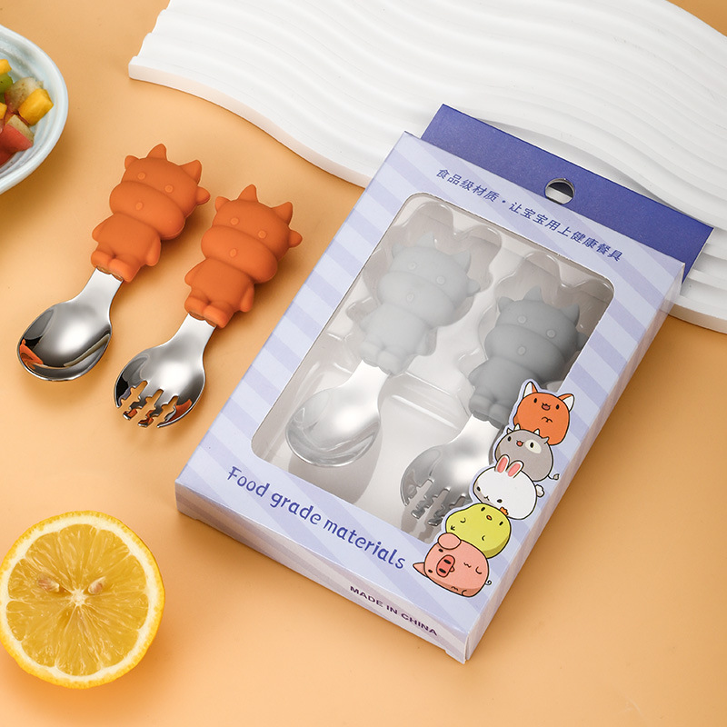 跨境热销儿童硅胶餐具宝宝学吃饭勺子硅胶手柄304 不锈钢叉勺套装