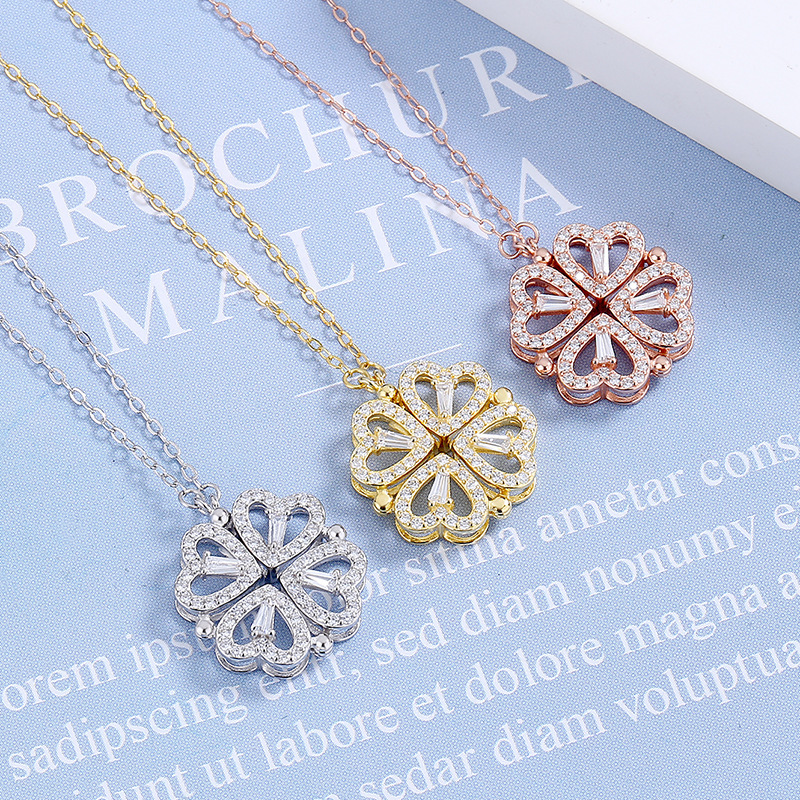 S925 Silver Heart Four-leaf Clover Flower collarbone Necklace, Women's niche light Luxury Cross-chain electroplated jewelry Pendant