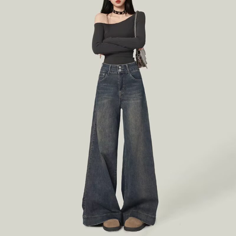 Cement grey wide-leg jeans for women, making them look taller and slimmer. New style in 2025, loose design, straight and drappy floor-length pants Specification image