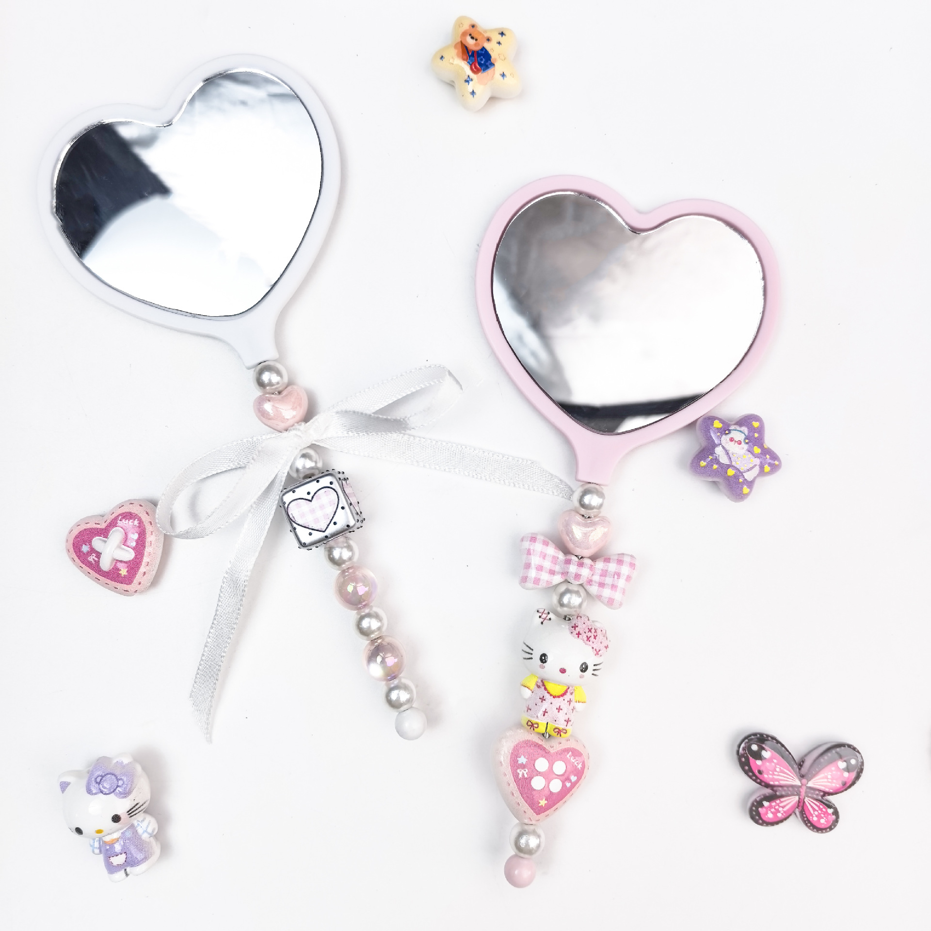 Cross-Border Creative Dongdaemun Korean Beaded Mirror, Gummy Pen Mirror Diy Handcrafted Beaded Hand-Held Heart-Shaped Mirror Accessories Item Picture