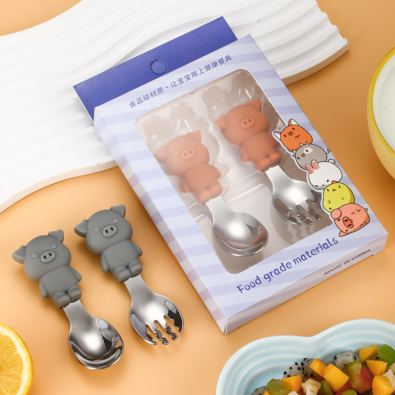 儿童叉勺餐具可爱宝宝学吃饭短柄硅胶餐具辅食训练勺卡通餐具套装