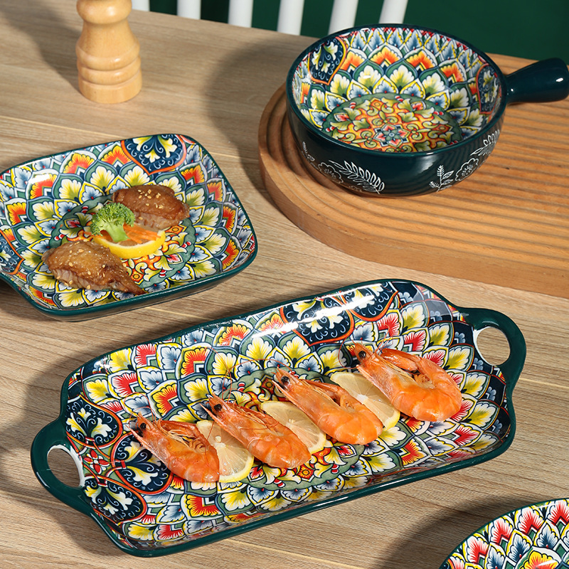 Bohemian bowl and plate tableware set manufacturer wholesale underglaze ceramic dinner plates, baking plates, rice bowls, tree-patterned soup bowls Specification image