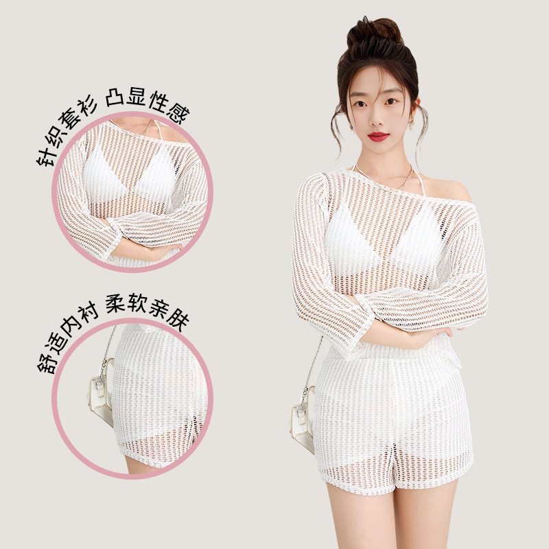 Beach female model white cut-out knitted swimsuit set Bikini girls sportswear cross-border bestseller 125,078 Specification image